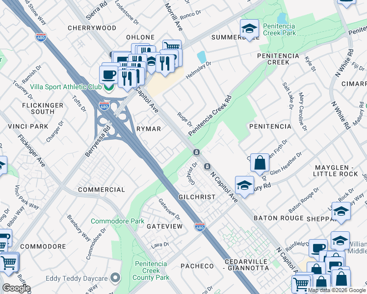 map of restaurants, bars, coffee shops, grocery stores, and more near 998 Harcot Court in San Jose