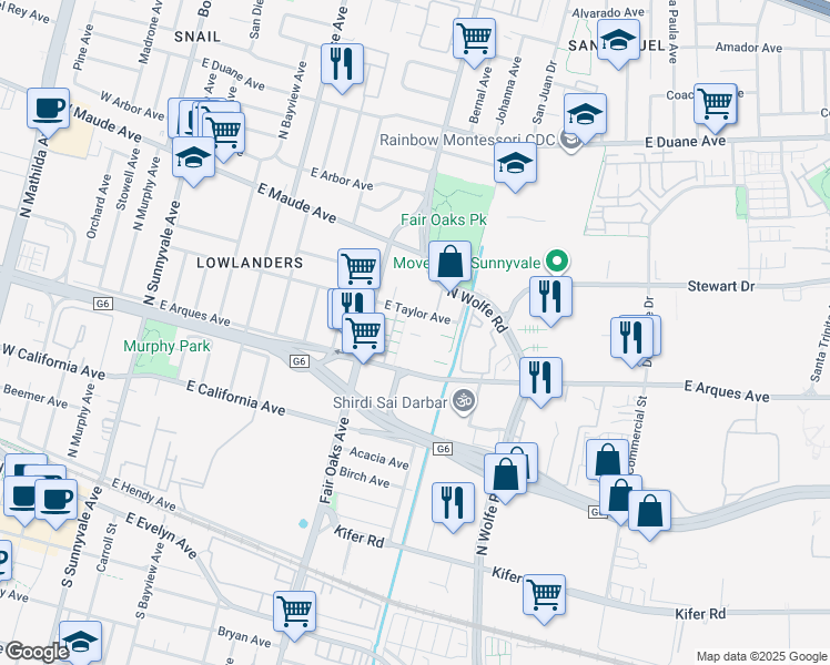 map of restaurants, bars, coffee shops, grocery stores, and more near 352 Santa Elena Terrace in Sunnyvale