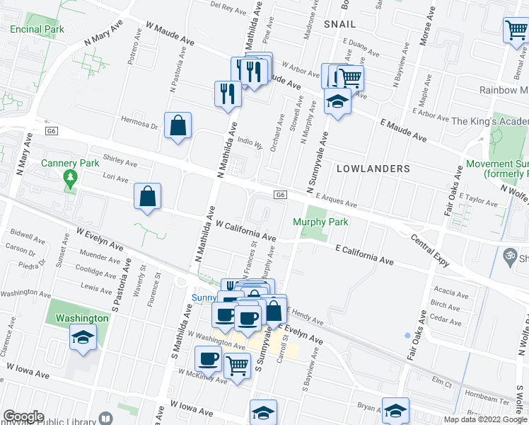 map of restaurants, bars, coffee shops, grocery stores, and more near 211 West California Avenue in Sunnyvale