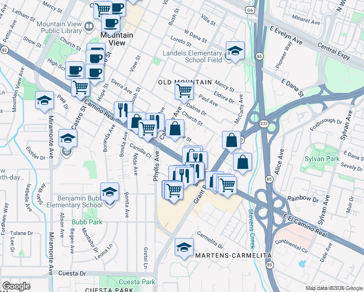 map of restaurants, bars, coffee shops, grocery stores, and more near 829 Montgomery Street in Mountain View