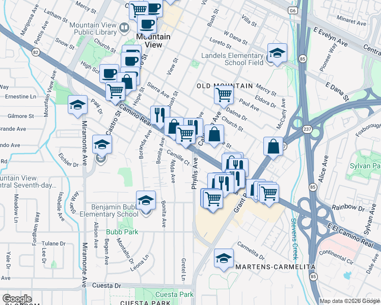map of restaurants, bars, coffee shops, grocery stores, and more near 209 El Camino Real in Mountain View