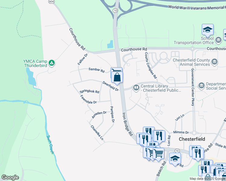 map of restaurants, bars, coffee shops, grocery stores, and more near 7319 Deerfield Drive in Chesterfield