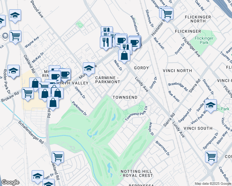 map of restaurants, bars, coffee shops, grocery stores, and more near 1360 Tanaka Drive in San Jose