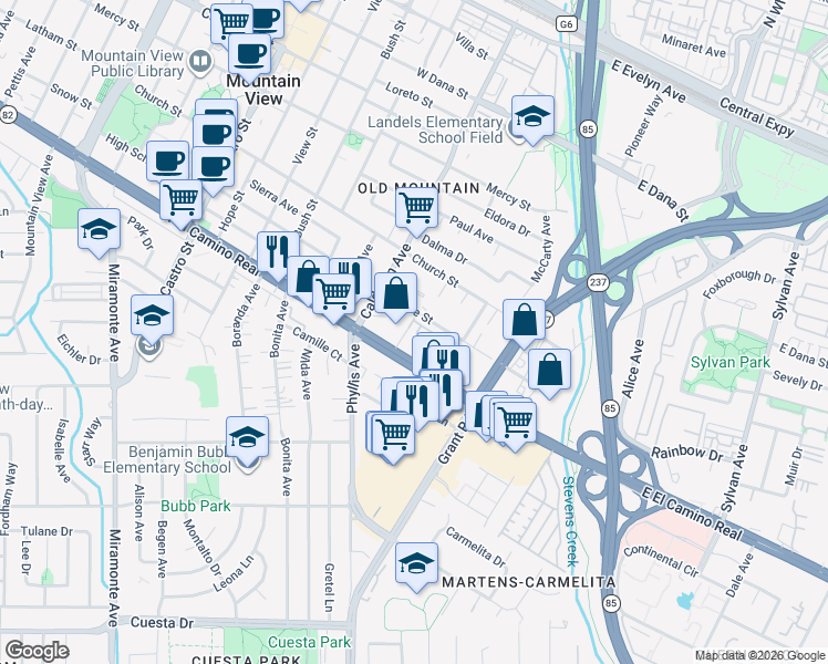 map of restaurants, bars, coffee shops, grocery stores, and more near 829 Montgomery Street in Mountain View