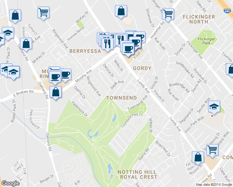 map of restaurants, bars, coffee shops, grocery stores, and more near 1360 Tanaka Drive in San Jose