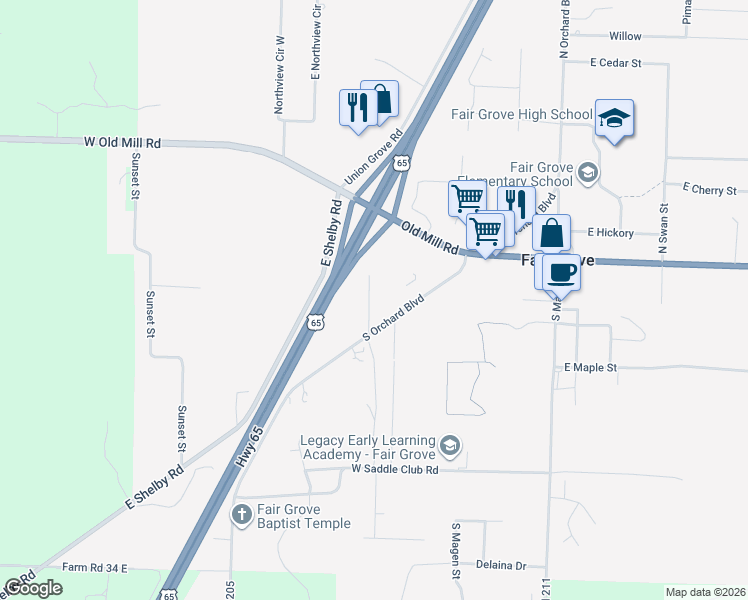 map of restaurants, bars, coffee shops, grocery stores, and more near 70 S Rock Ridge St in Fair Grove