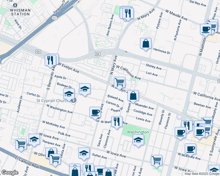 map of restaurants, bars, coffee shops, grocery stores, and more near 996 West Evelyn Avenue in Sunnyvale
