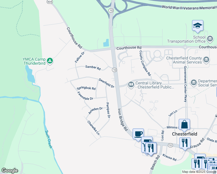 map of restaurants, bars, coffee shops, grocery stores, and more near 7319 Deerfield Drive in Chesterfield