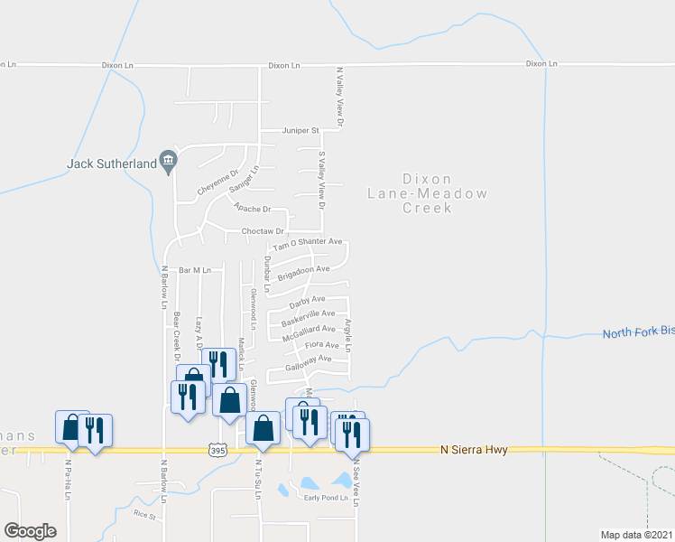 map of restaurants, bars, coffee shops, grocery stores, and more near 2214 Brigadoon Avenue in Bishop