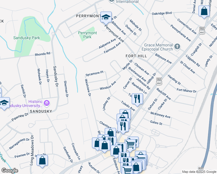 map of restaurants, bars, coffee shops, grocery stores, and more near 4899 Windsor Avenue in Lynchburg