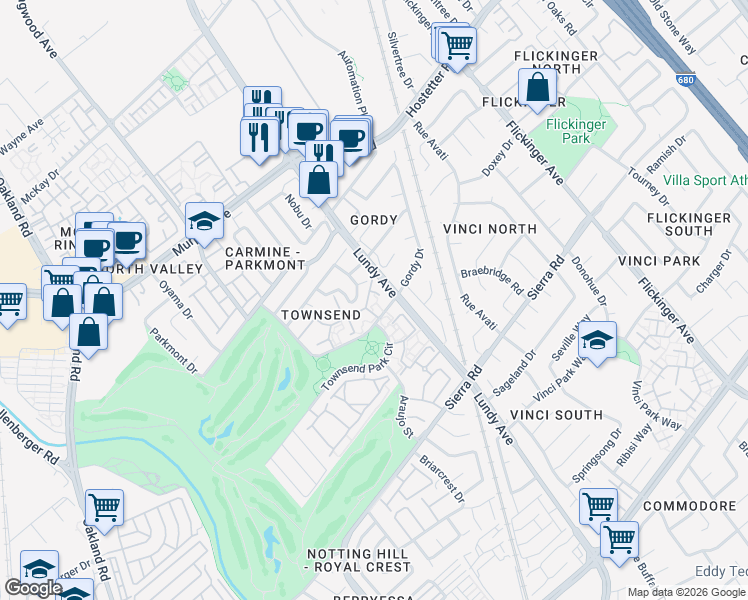 map of restaurants, bars, coffee shops, grocery stores, and more near 1416 Foothill Meadows Court in San Jose