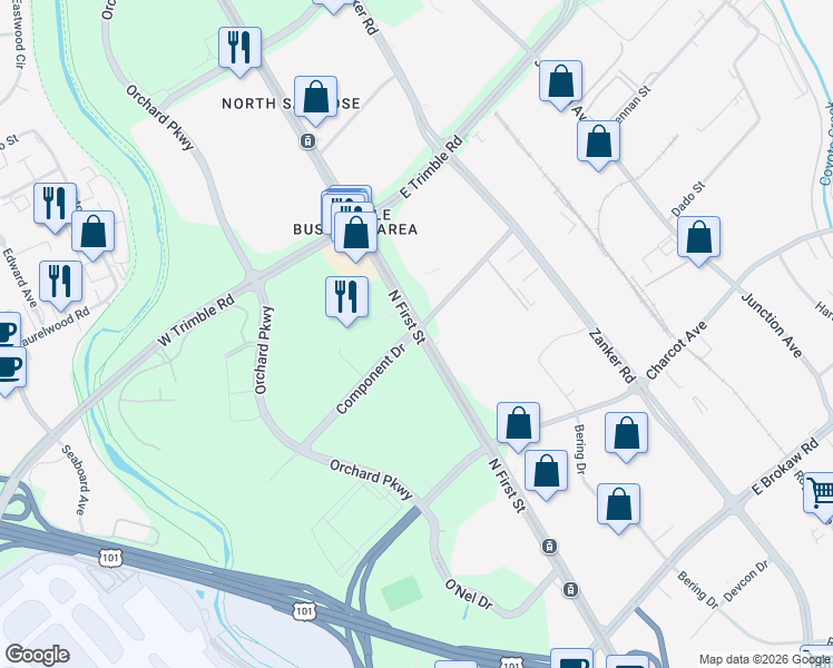 map of restaurants, bars, coffee shops, grocery stores, and more near 2511 North First Street in San Jose