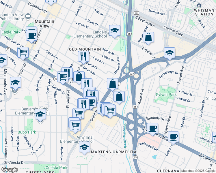 map of restaurants, bars, coffee shops, grocery stores, and more near 12 Church Street in Mountain View