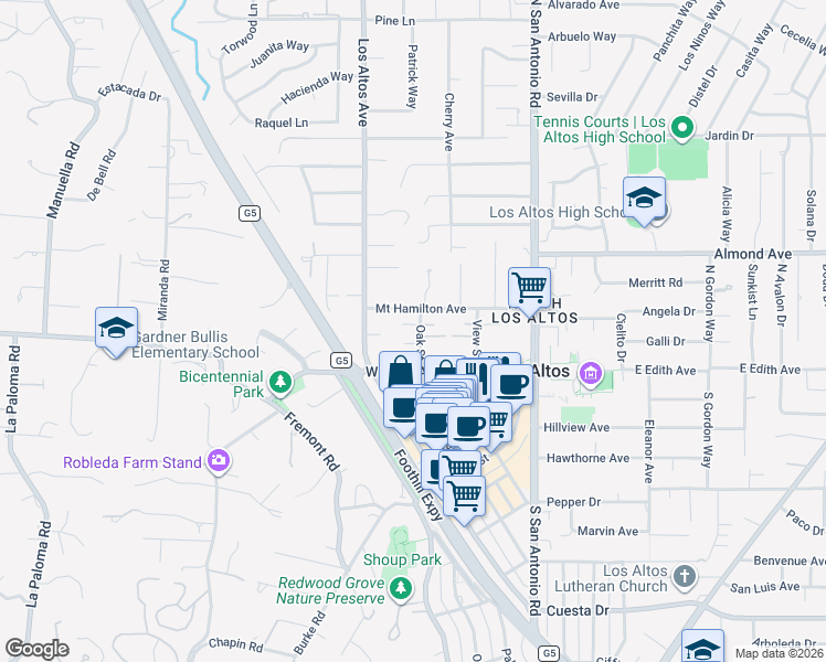 map of restaurants, bars, coffee shops, grocery stores, and more near 244 Mount Hamilton Avenue in Los Altos