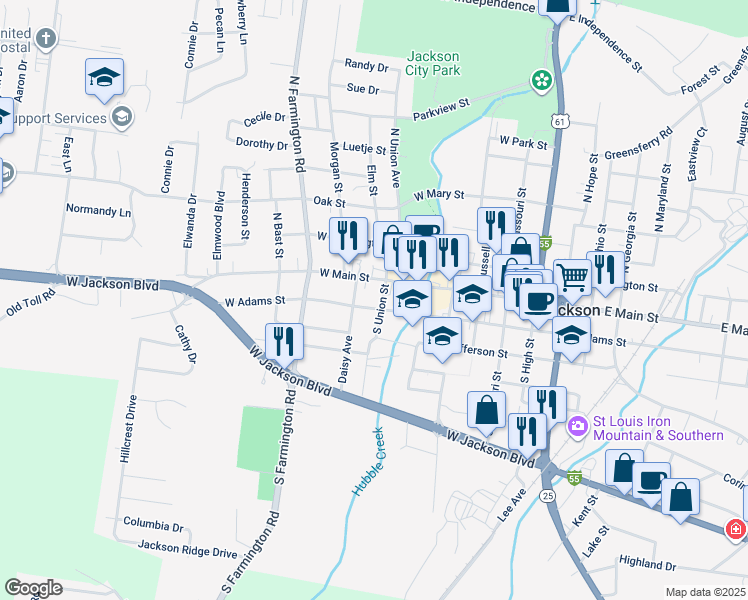 map of restaurants, bars, coffee shops, grocery stores, and more near 605 West Main Street in Jackson
