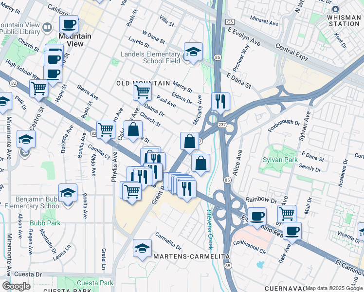 map of restaurants, bars, coffee shops, grocery stores, and more near 29 Church Street in Mountain View
