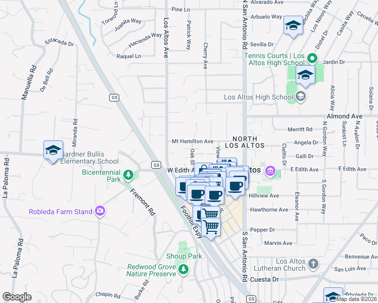 map of restaurants, bars, coffee shops, grocery stores, and more near 244 Mount Hamilton Avenue in Los Altos