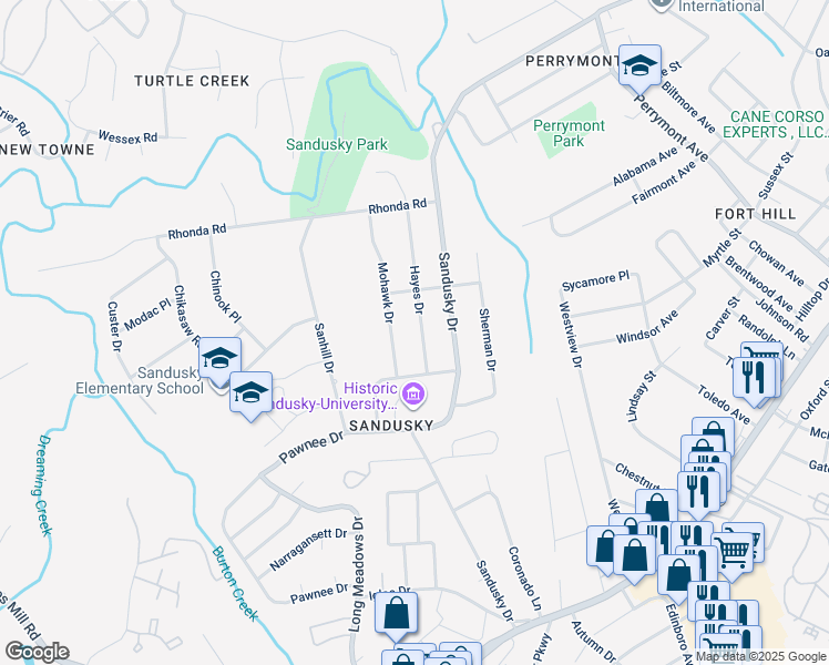 map of restaurants, bars, coffee shops, grocery stores, and more near 719 Hayes Drive in Lynchburg