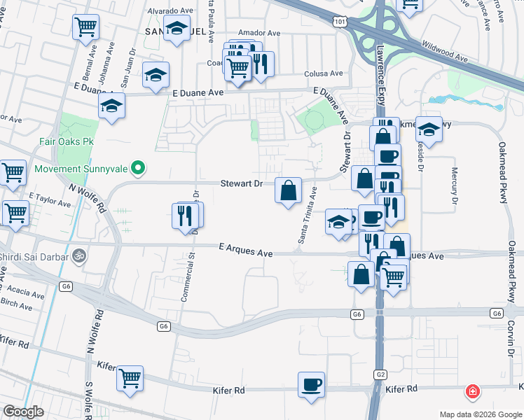 map of restaurants, bars, coffee shops, grocery stores, and more near 968 Stewart Drive in Sunnyvale