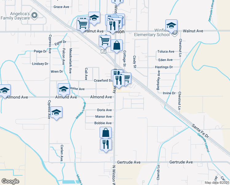 map of restaurants, bars, coffee shops, grocery stores, and more near North Winton Way in Winton