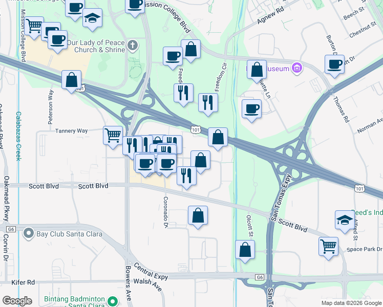 map of restaurants, bars, coffee shops, grocery stores, and more near 2555 Augustine Drive in Santa Clara