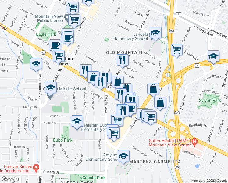 map of restaurants, bars, coffee shops, grocery stores, and more near 104 El Camino Real in Mountain View