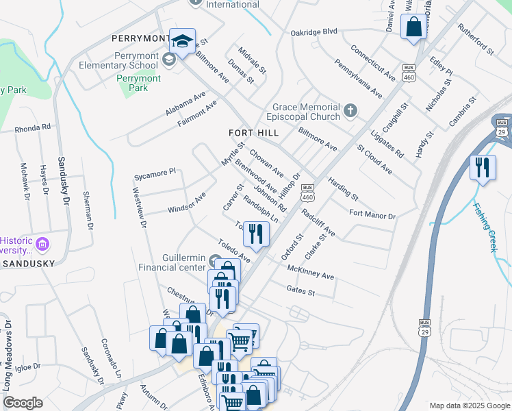 map of restaurants, bars, coffee shops, grocery stores, and more near 917 Randolph Lane in Lynchburg