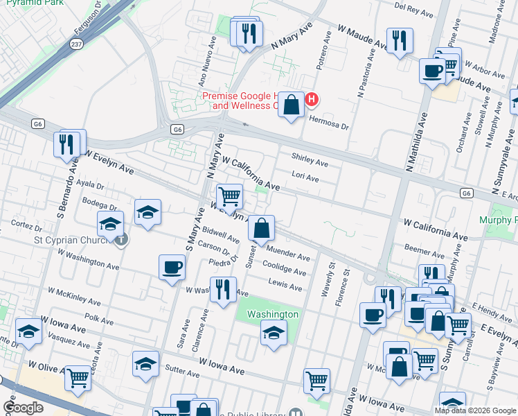 map of restaurants, bars, coffee shops, grocery stores, and more near 973 Asilomar Terrace in Sunnyvale