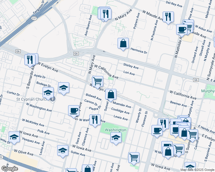 map of restaurants, bars, coffee shops, grocery stores, and more near 973 Asilomar Terrace in Sunnyvale