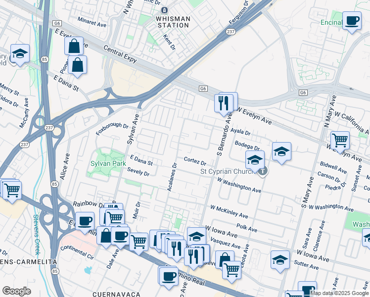 map of restaurants, bars, coffee shops, grocery stores, and more near 1270 Coronado Drive in Sunnyvale