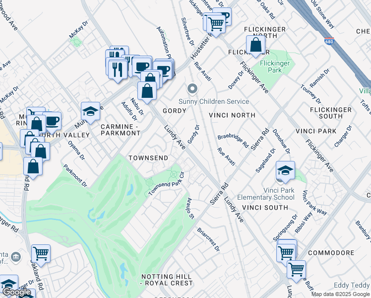 map of restaurants, bars, coffee shops, grocery stores, and more near Lundy Avenue & Townsend Avenue in San Jose