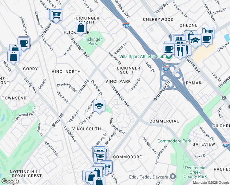 map of restaurants, bars, coffee shops, grocery stores, and more near in San Jose