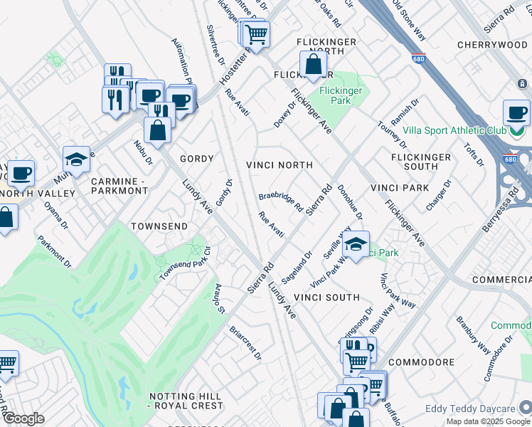 map of restaurants, bars, coffee shops, grocery stores, and more near 1413 Joyerin Court in San Jose
