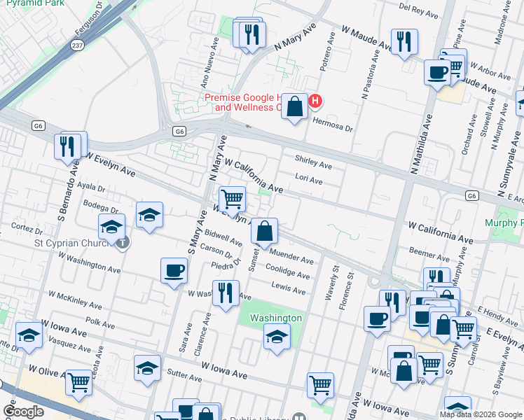 map of restaurants, bars, coffee shops, grocery stores, and more near 973 Asilomar Terrace in Sunnyvale