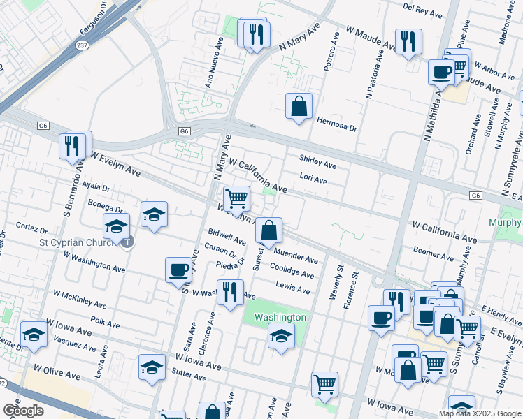 map of restaurants, bars, coffee shops, grocery stores, and more near 973 Asilomar Terrace in Sunnyvale