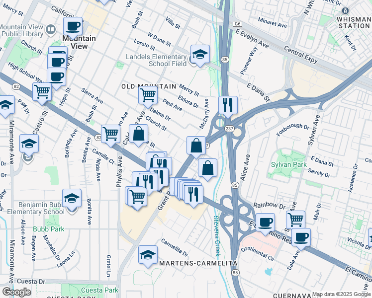 map of restaurants, bars, coffee shops, grocery stores, and more near 12 Church Street in Mountain View