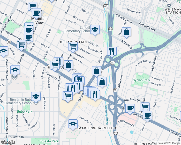 map of restaurants, bars, coffee shops, grocery stores, and more near 10 Church Street in Mountain View