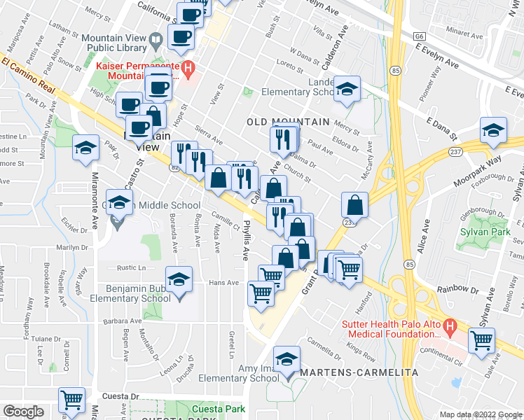 map of restaurants, bars, coffee shops, grocery stores, and more near 180 West El Camino Real in Mountain View