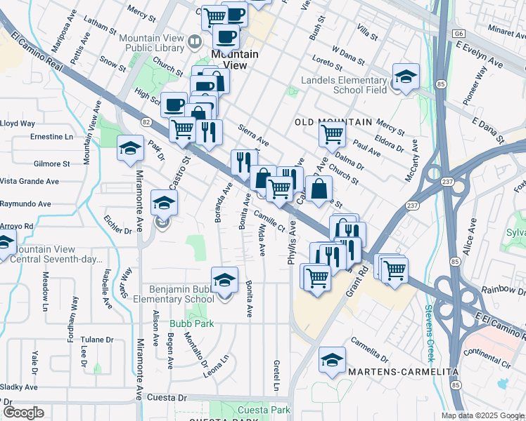 map of restaurants, bars, coffee shops, grocery stores, and more near 247 California 82 in Mountain View