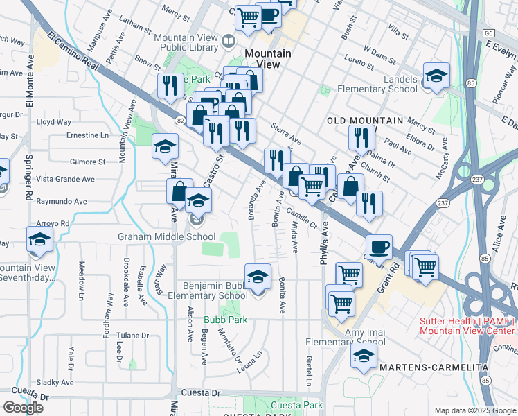 map of restaurants, bars, coffee shops, grocery stores, and more near 991 Boranda Avenue in Mountain View