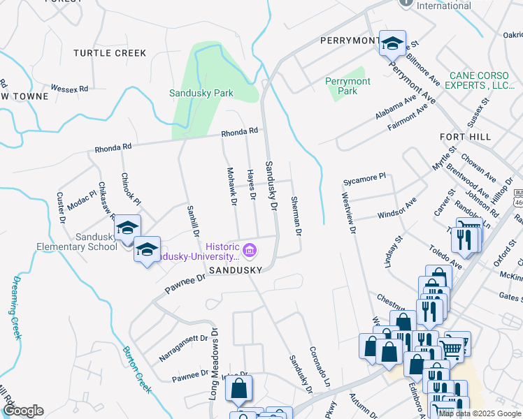 map of restaurants, bars, coffee shops, grocery stores, and more near 712 Hayes Drive in Lynchburg