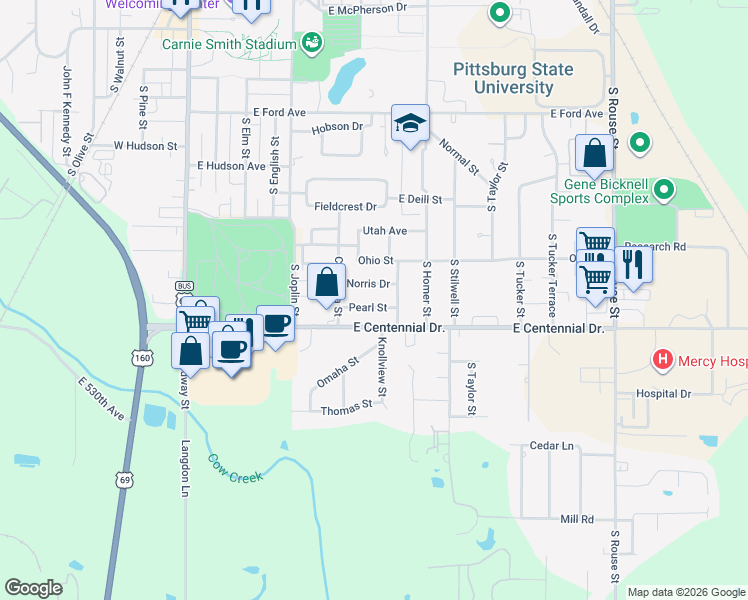 map of restaurants, bars, coffee shops, grocery stores, and more near 514 Norris Drive in Pittsburg