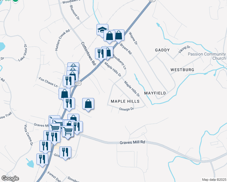 map of restaurants, bars, coffee shops, grocery stores, and more near 305 Woodberry Lane in Lynchburg