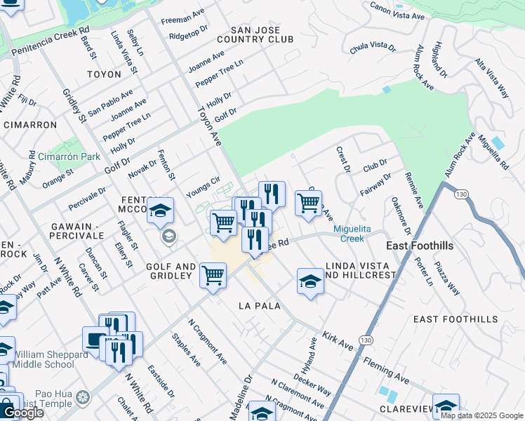 map of restaurants, bars, coffee shops, grocery stores, and more near 448 Toyon Avenue in San Jose