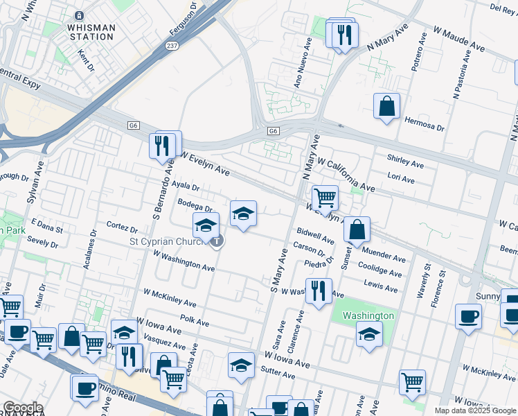 map of restaurants, bars, coffee shops, grocery stores, and more near 107 South Mary Avenue in Sunnyvale