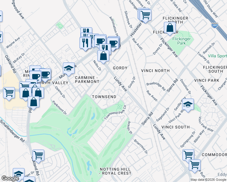 map of restaurants, bars, coffee shops, grocery stores, and more near 1468 Leaftree Circle in San Jose