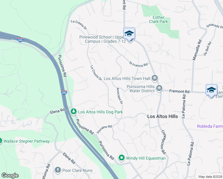 map of restaurants, bars, coffee shops, grocery stores, and more near 12930 La Cresta Drive in Los Altos Hills