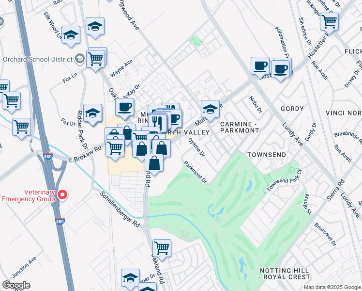 map of restaurants, bars, coffee shops, grocery stores, and more near 1254 Murphy Avenue in San Jose
