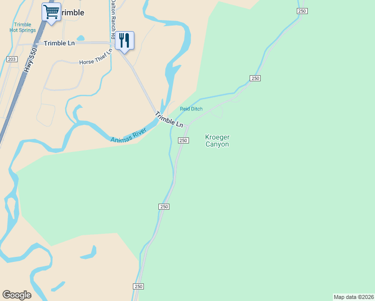 map of restaurants, bars, coffee shops, grocery stores, and more near 6459-6499 County Road 250 in Durango