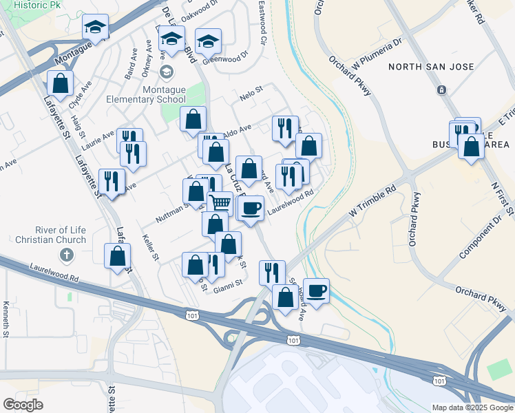 map of restaurants, bars, coffee shops, grocery stores, and more near 3233 De La Cruz Boulevard in Santa Clara